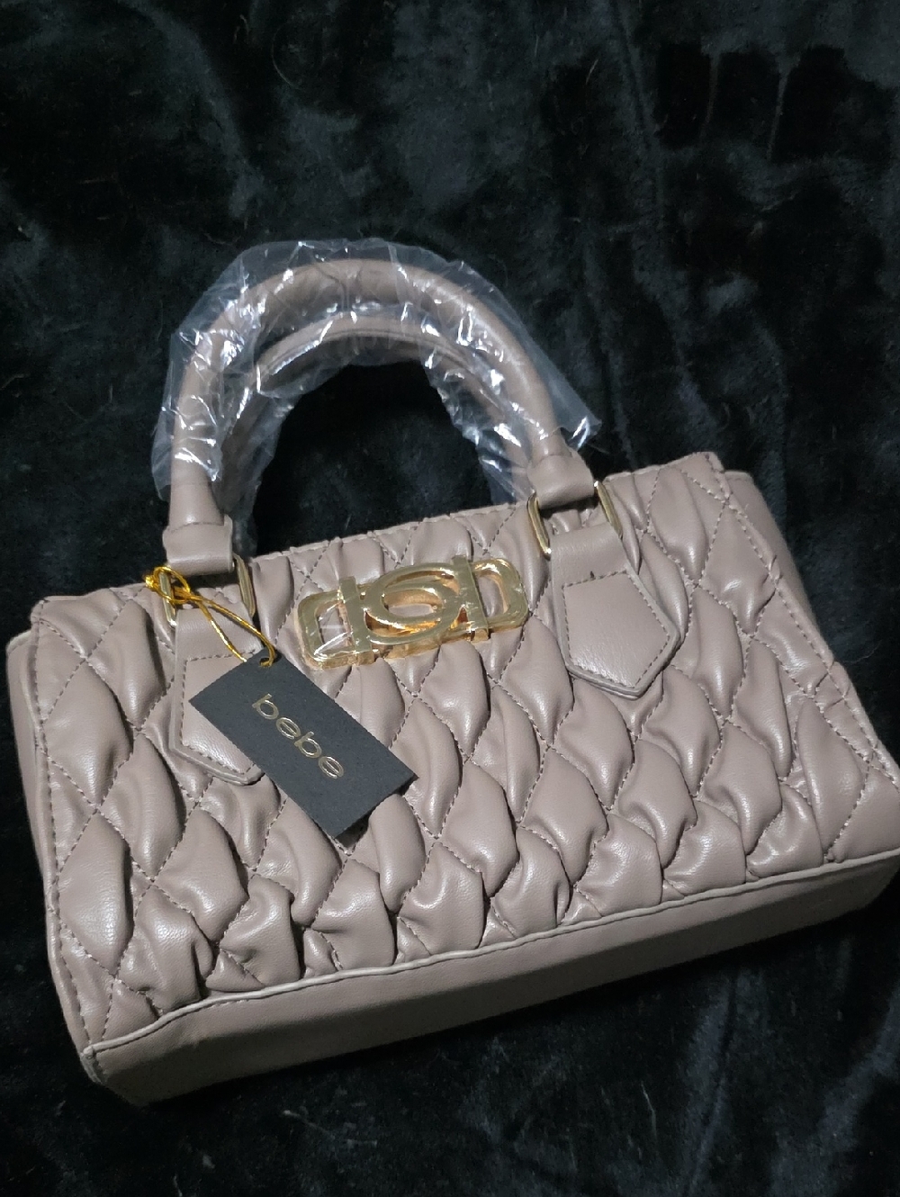 bebe Quilted Satchel Handbag in Taupe with Gold Hardware